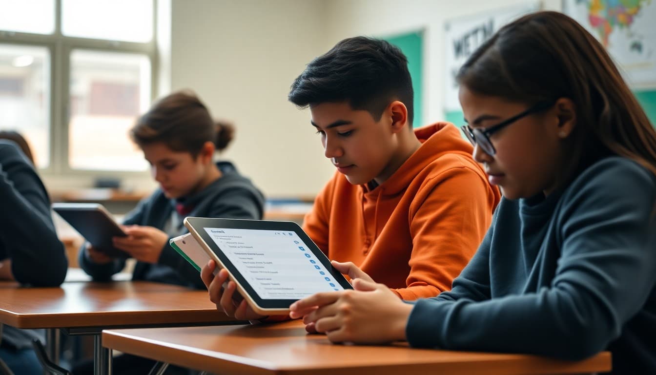 Students completing a satisfaction survey on tablets in a classroom as part of a school district climate assessment