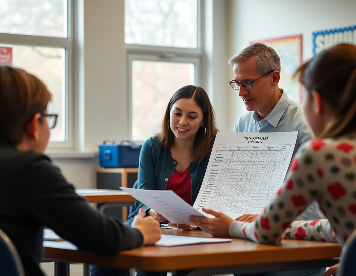 Teacher reviewing student progress charts with a parent during a school conference