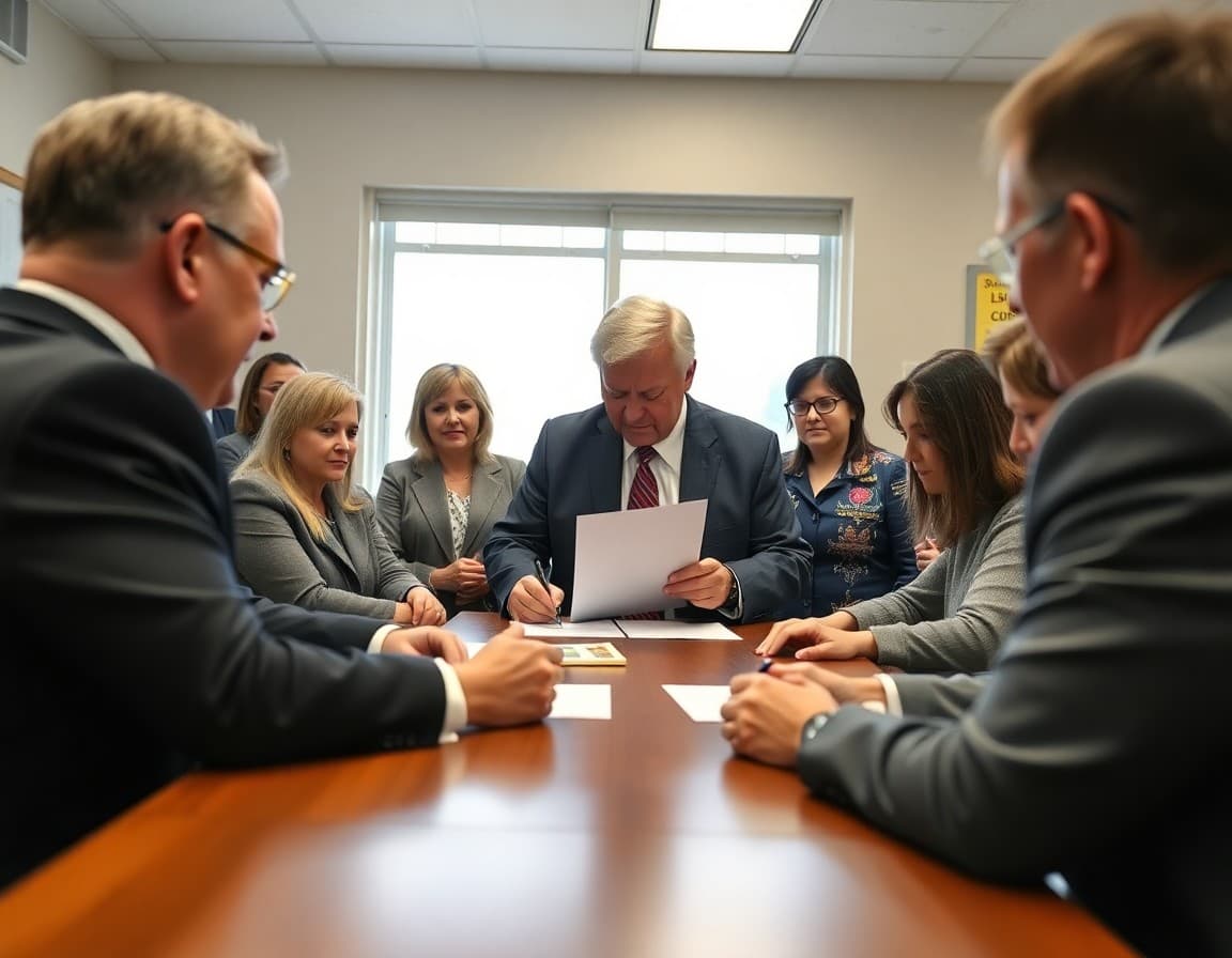 Board members and superintendent signing a new contract at a school district ceremonial signing event