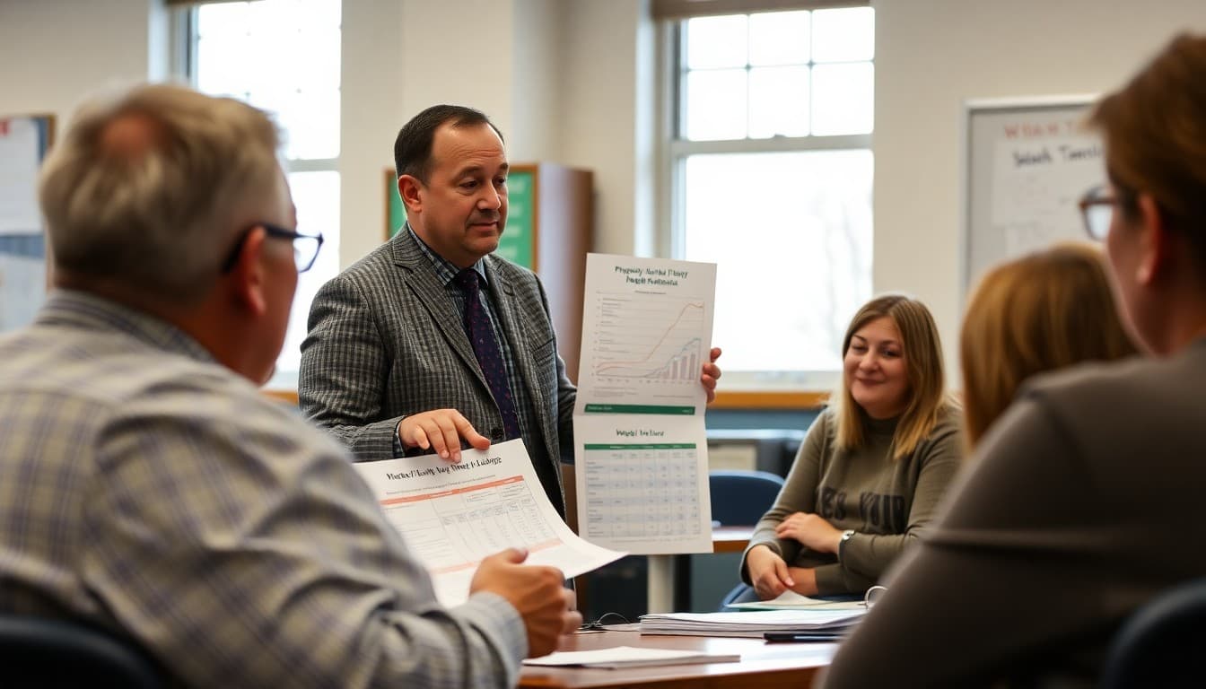 School board member explaining property tax levy calculations and education funding charts to community members