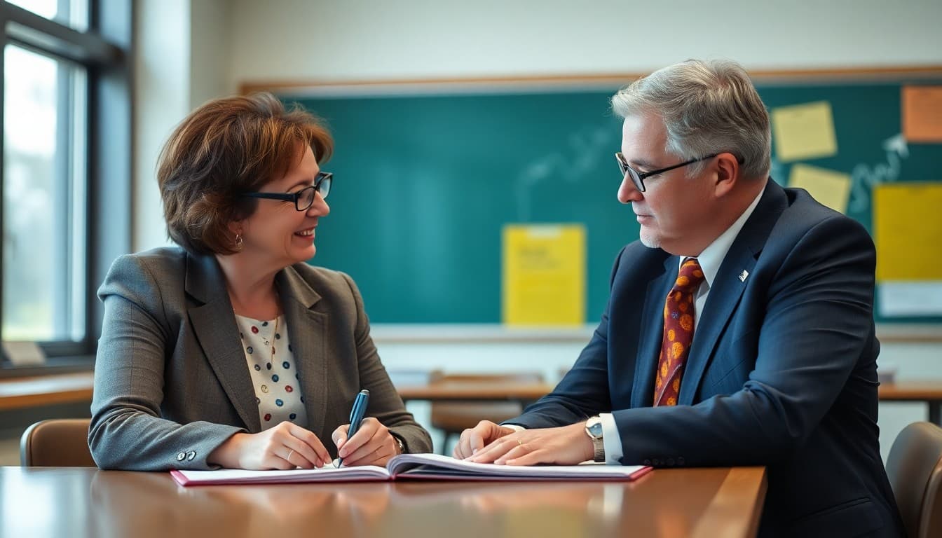 School board chair and teachers union president at a signing ceremony for a new collective bargaining agreement