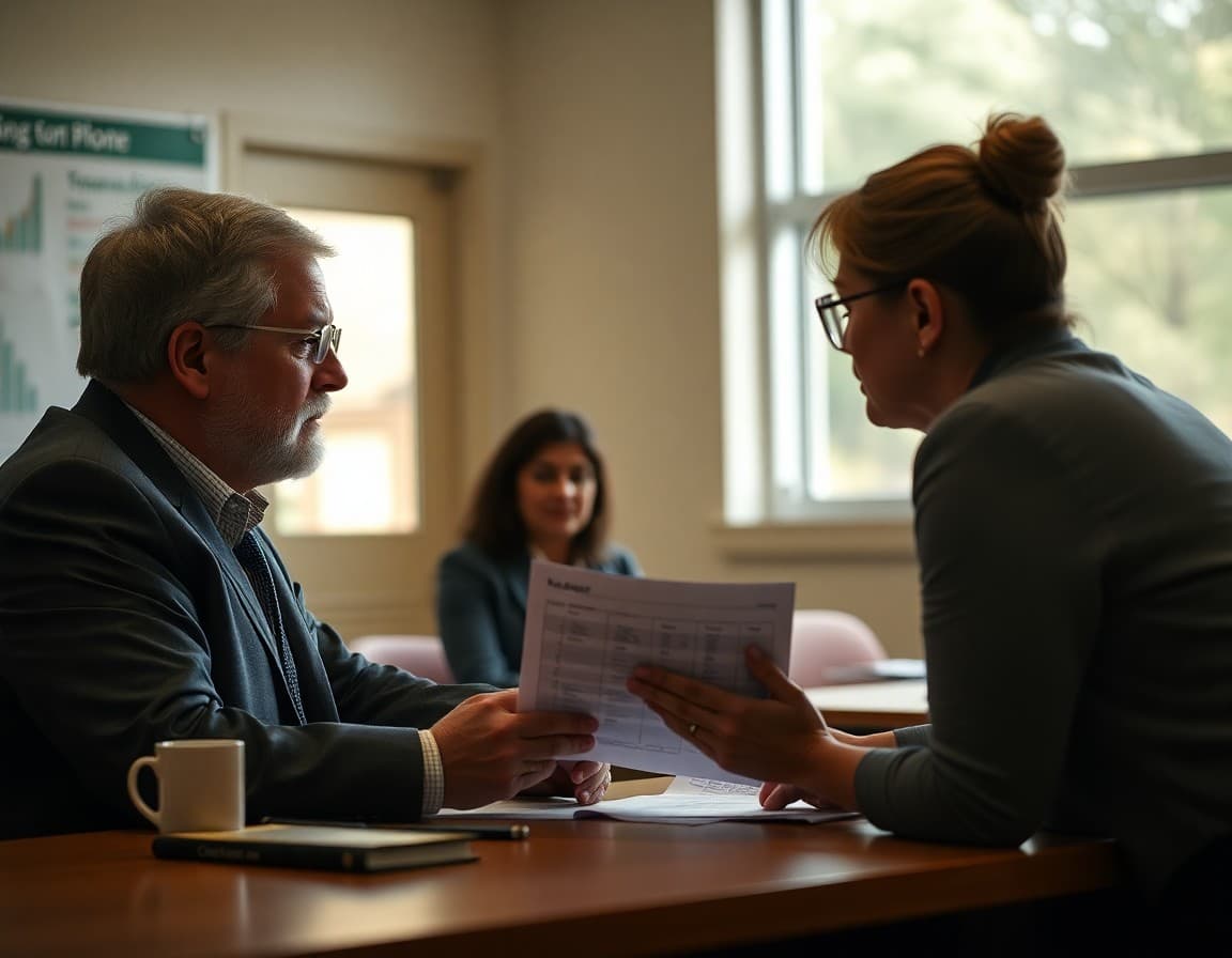 School board member reviewing teacher satisfaction survey data with district HR director at a planning meeting