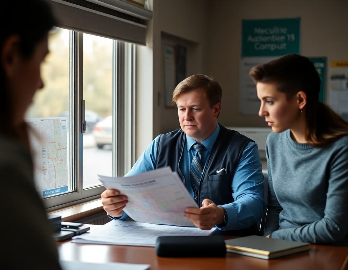 A transportation coordinator reviewing bus route maps at a desk