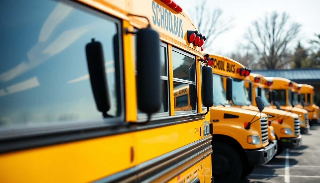 Yellow school buses lined up in a district lot on a sunny morning