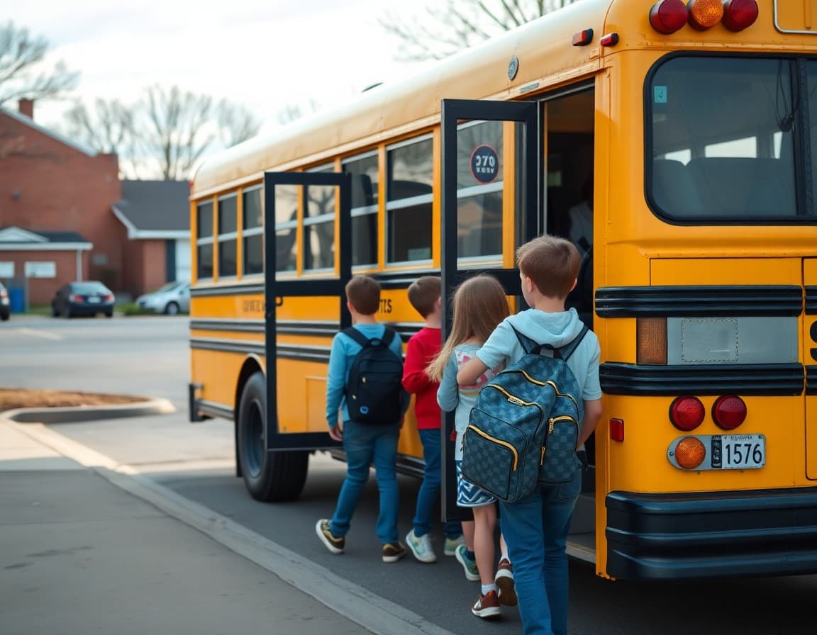 School bus parked in front of an elementary school with students boarding in the morning
