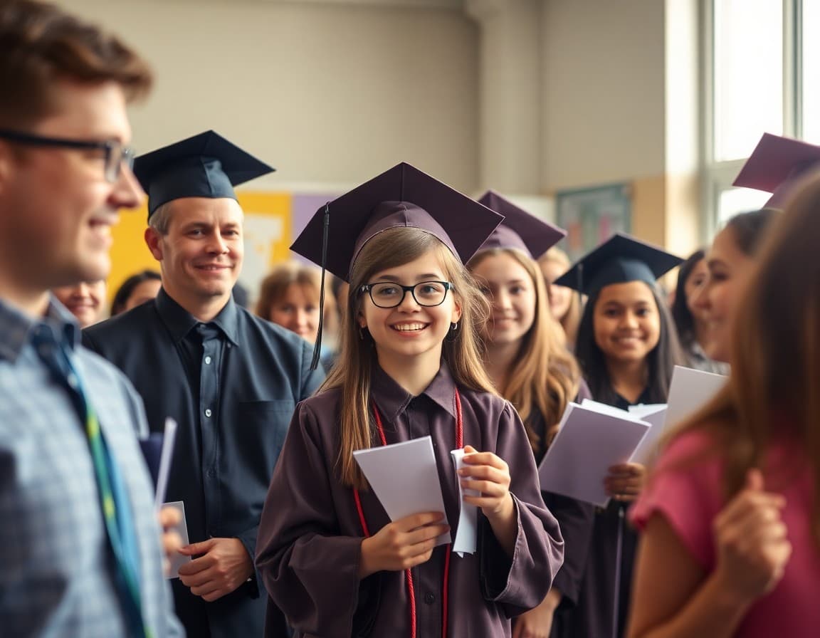Students and teachers celebrating the end of the school year at a graduation and awards ceremony