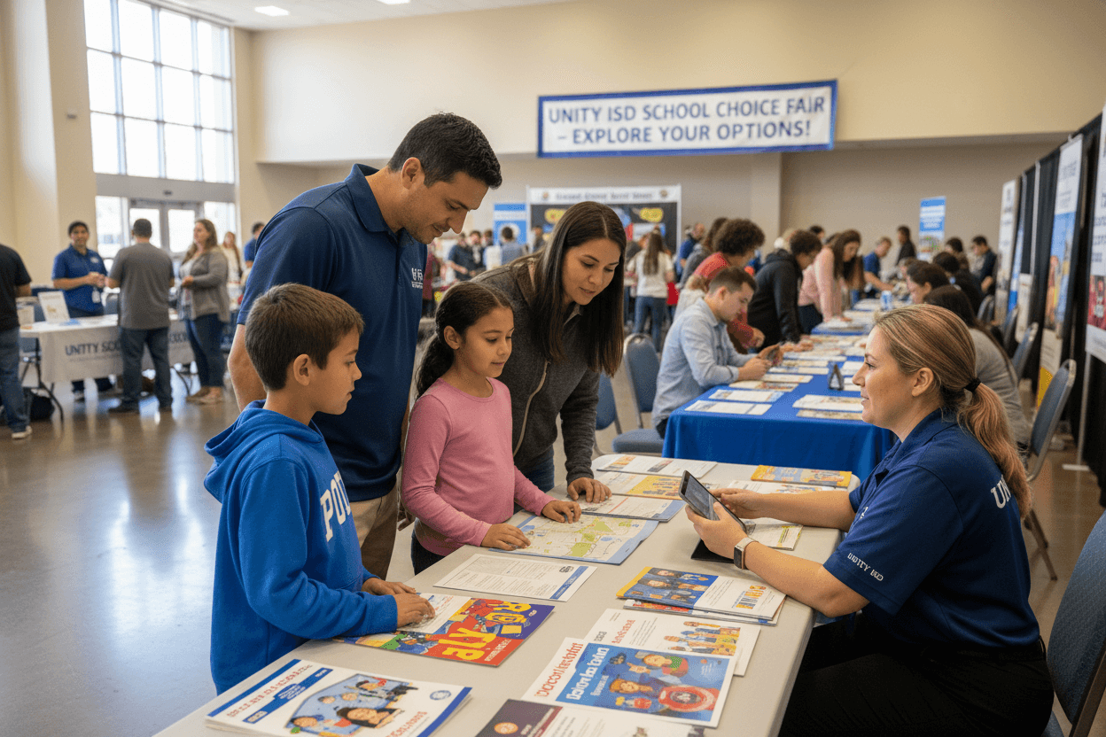 Parent reviewing school choice enrollment brochures and application materials at a district information table
