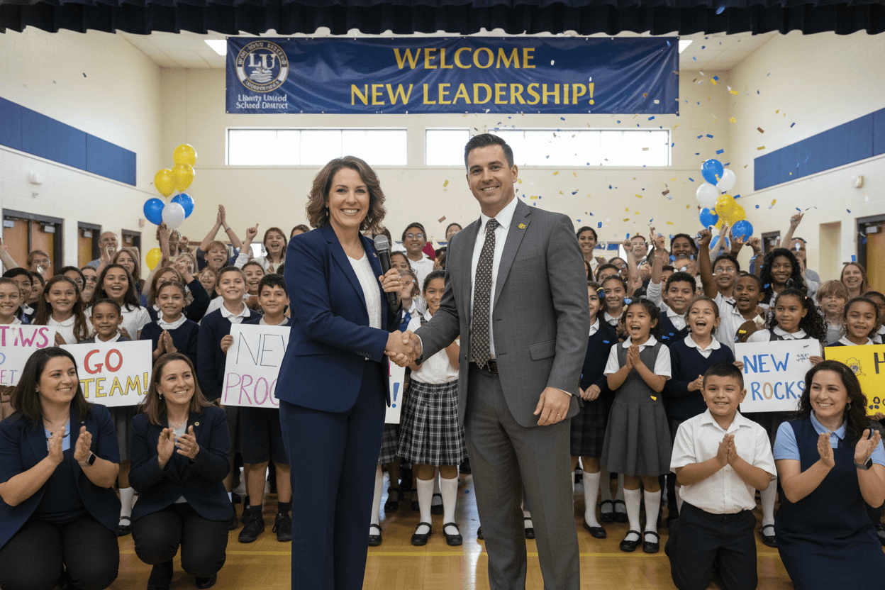 New school principal meeting with parent community members and teachers during a welcome reception in the school gymnasium