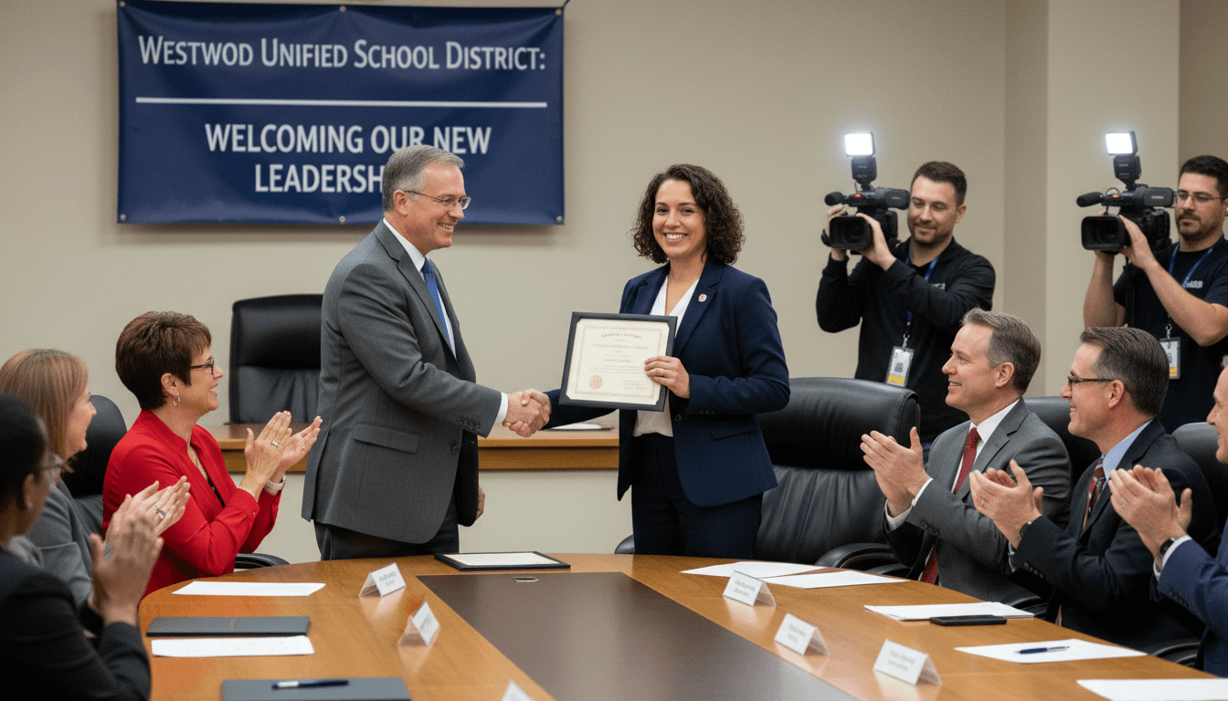 School board members welcoming a new principal appointment at a public board meeting with district superintendent and staff
