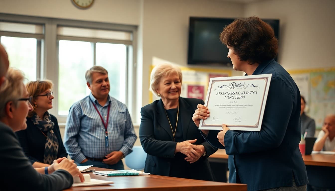 School board honoring retiring long-term staff member with recognition certificate at ceremony