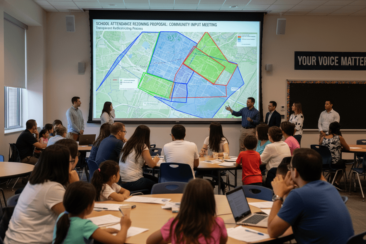 District planning staff showing families how proposed attendance zone boundary changes affect their neighborhood on a detailed map