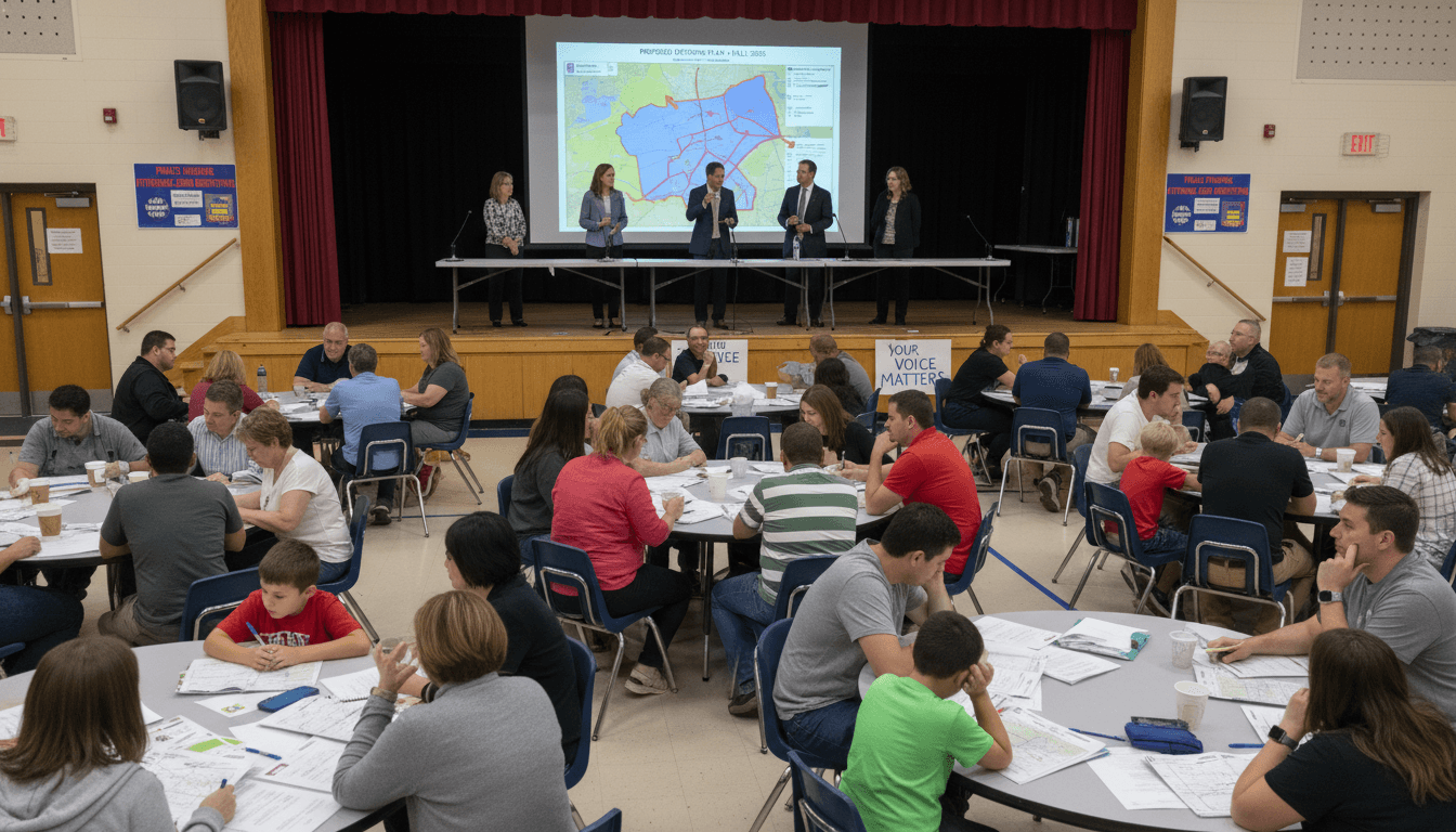 School board members presenting attendance zone rezoning maps to concerned families at a community engagement session