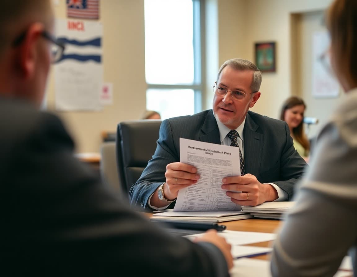 Board chair reviewing superintendent evaluation rubric at board governance meeting