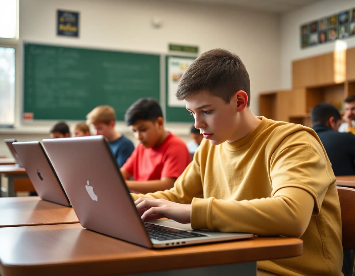 Students using district-provided laptops in classroom during technology integration lesson