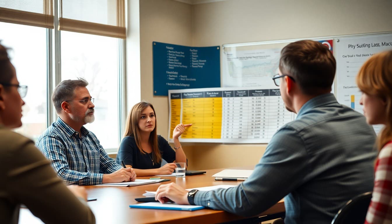 School board reviewing bus routing and transportation data chart at board meeting