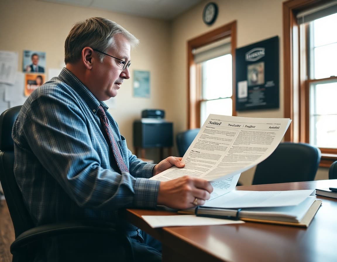 Wyoming district administrator reviewing board newsletter content at a desk in a rural Wyoming county school office