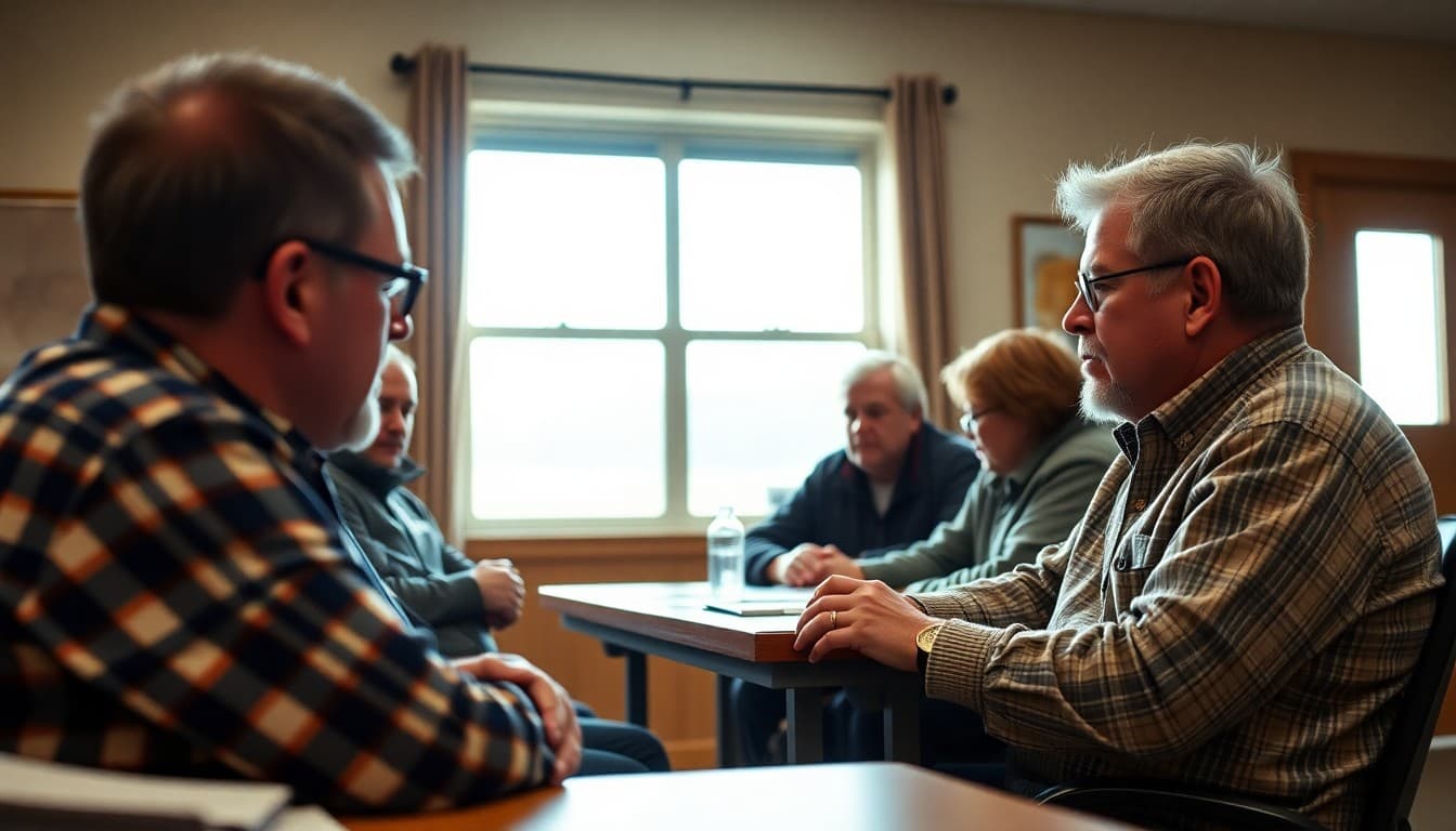 Wyoming school board members at a public community meeting in a small Wyoming school building