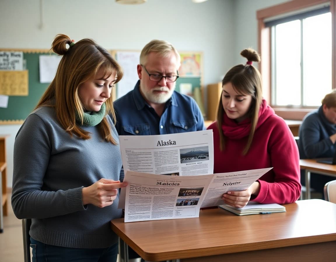 School staff reviewing a newsletter for Alaska rural district families