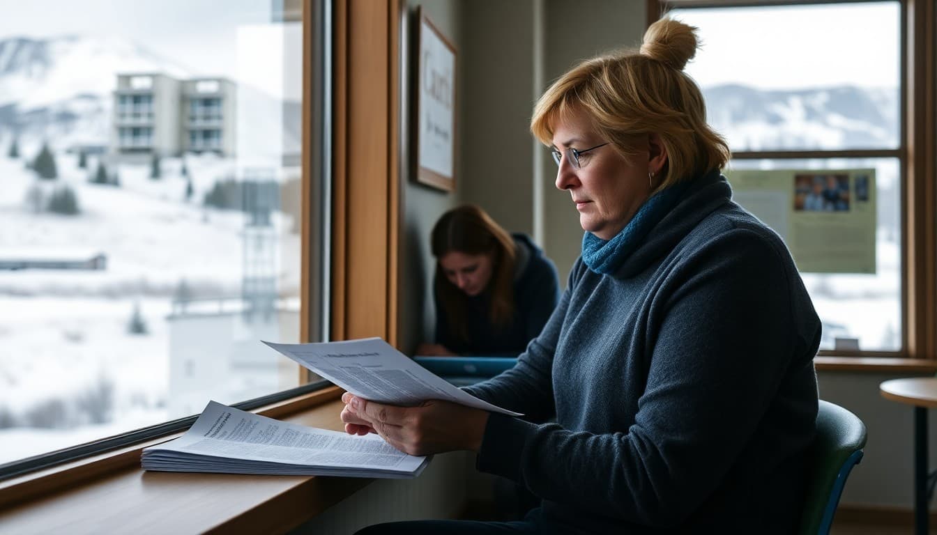 Alaska school counselor working on a newsletter with a snowy mountain landscape visible through the window