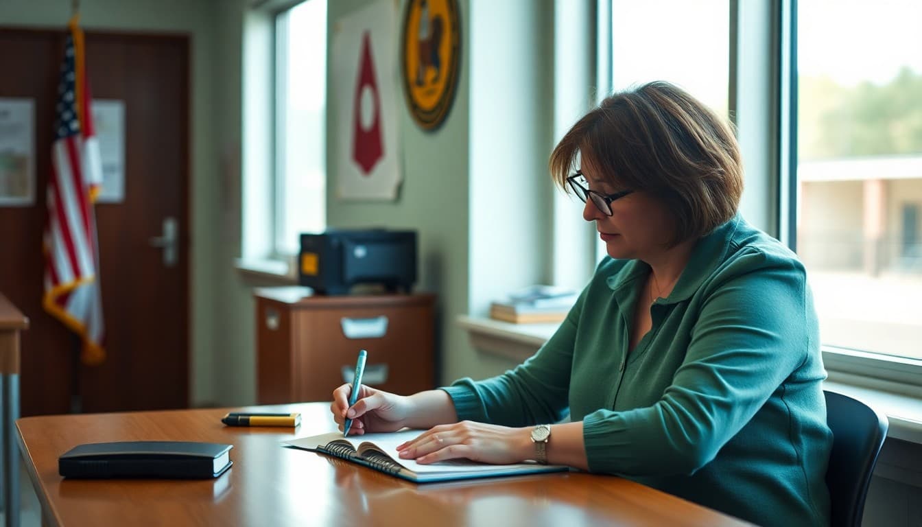 Alabama school counselor sitting at a desk writing a newsletter with an Alabama state flag visible