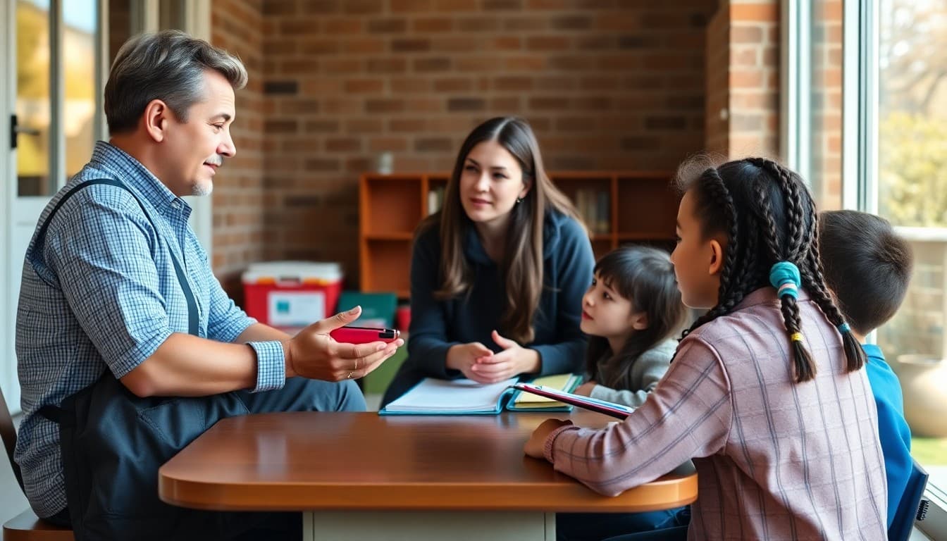 School counselor meeting with students during a spring outdoor session