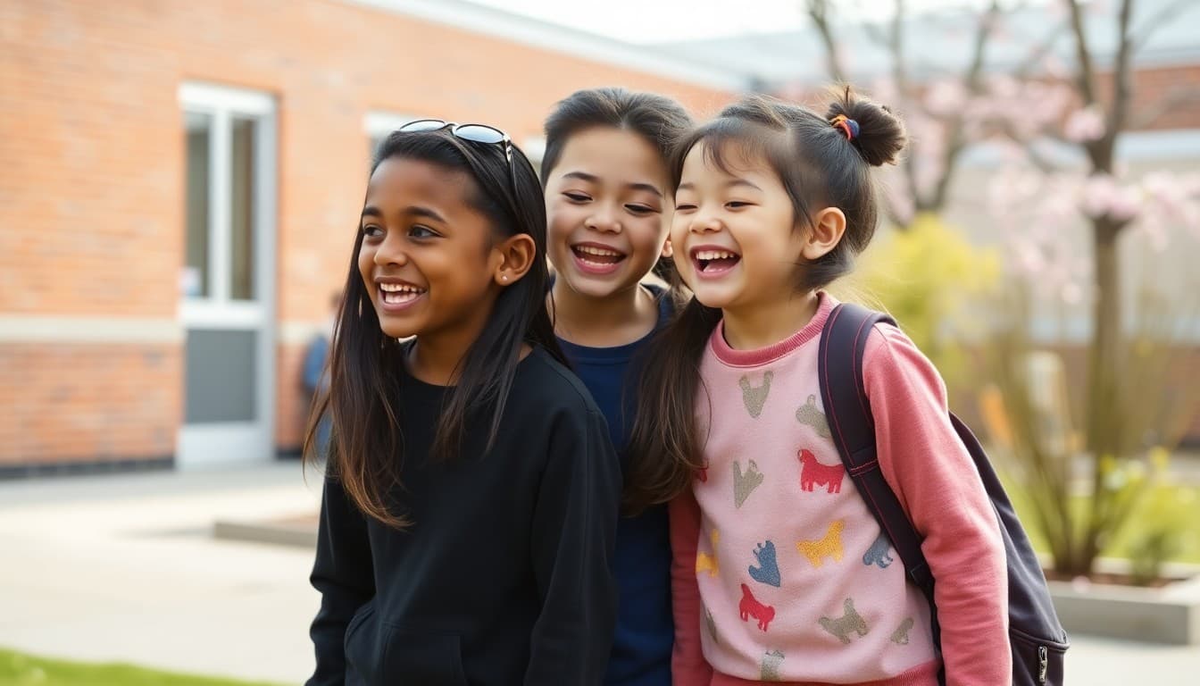Students laughing together outside during spring recess in April
