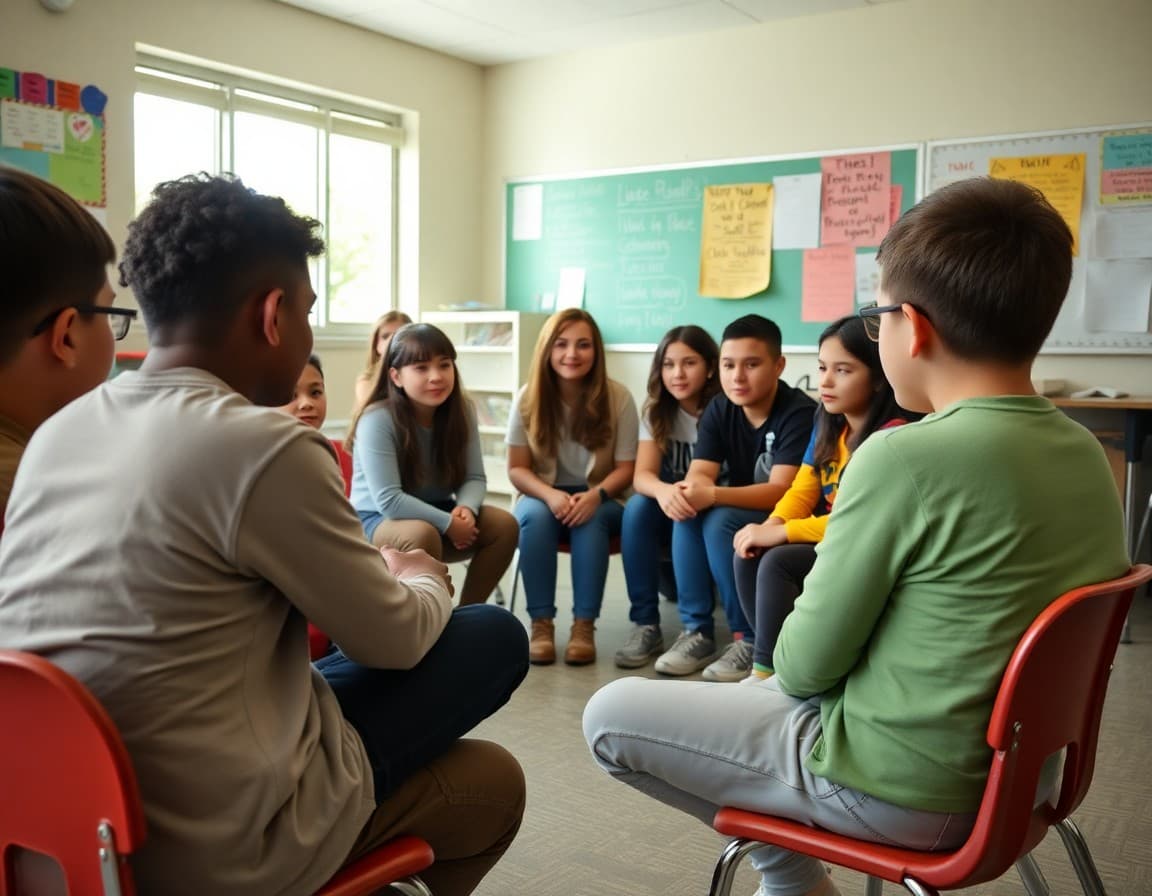 Students gathered with a counselor in a classroom circle during an April SEL lesson on transitions