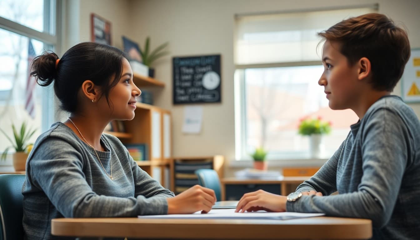 School counselor meeting with a student in a spring-decorated office reviewing end-of-year transition plans