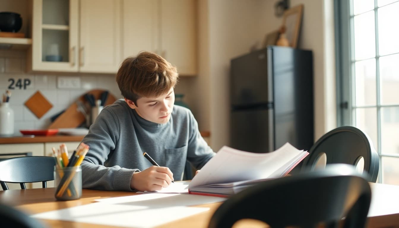 High school student reviewing AP exam notes at a kitchen table in April