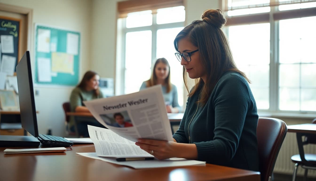 Arkansas school counselor reviewing newsletter draft at a desk in a rural school office
