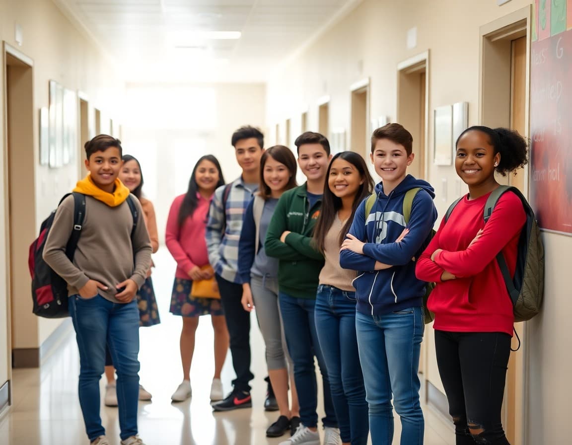 Group of diverse students standing together supportively in a hallway