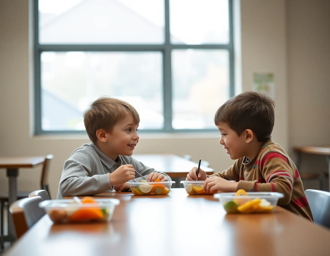 Two children sharing lunch and talking at a school cafeteria table