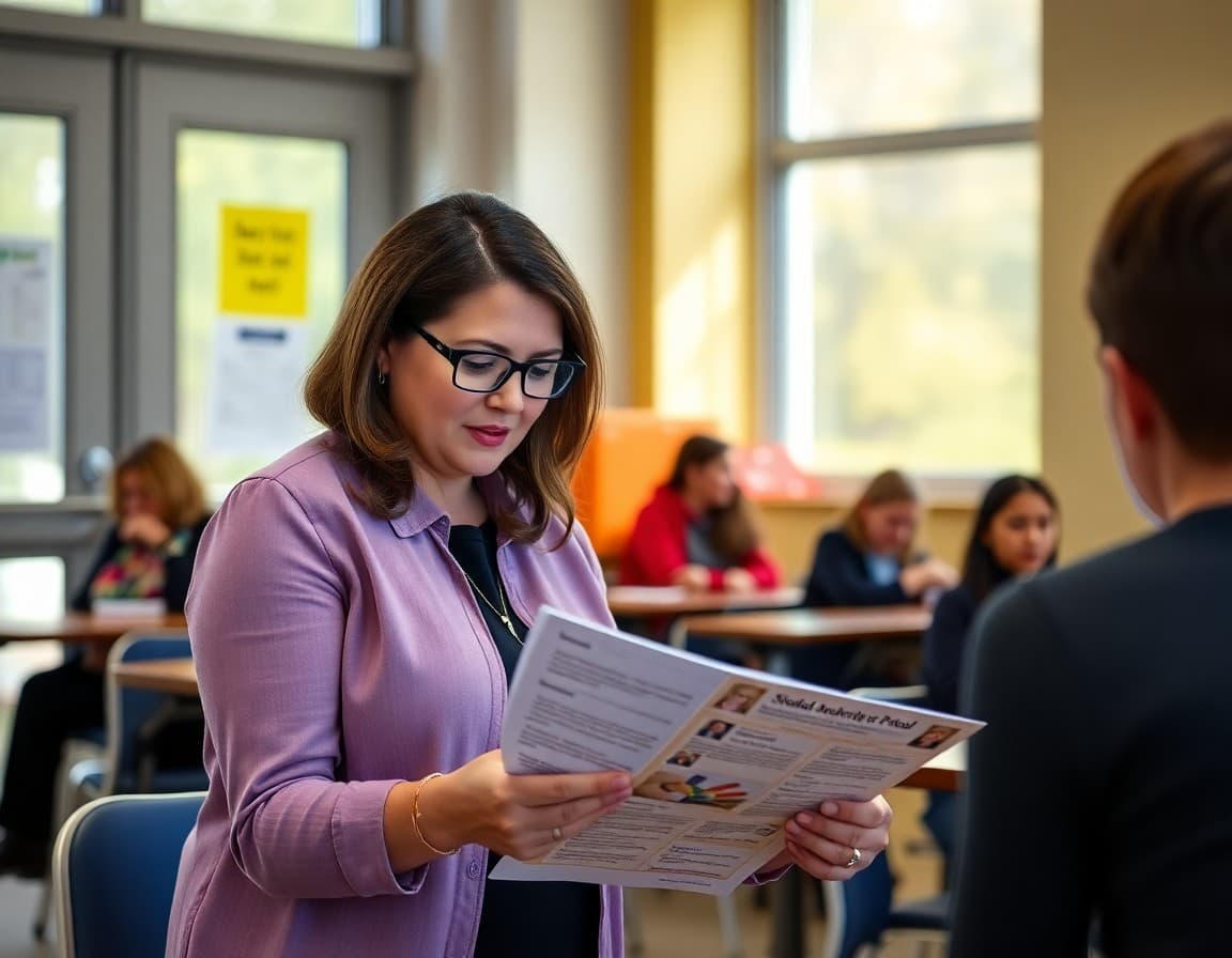 School counselor reviewing back-to-school communication materials for August newsletter