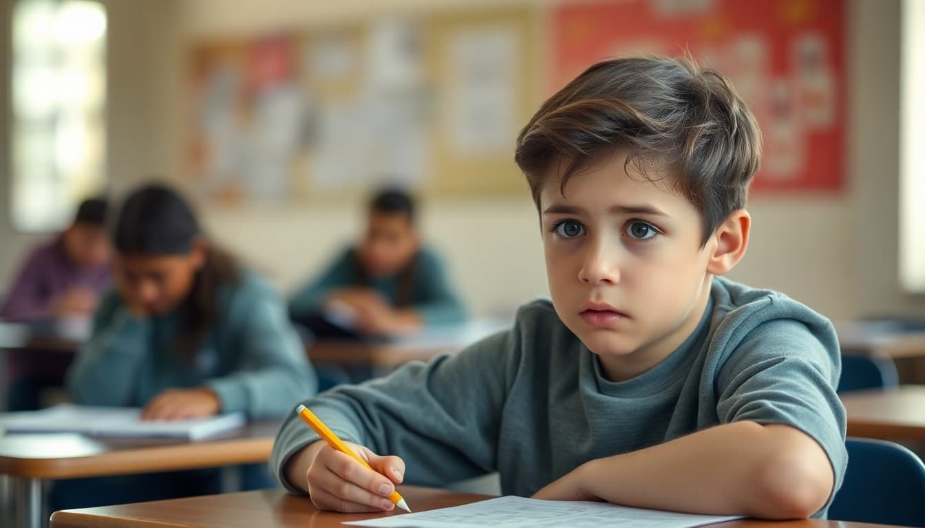 Student looking anxious while sitting at a desk with a pencil and test paper