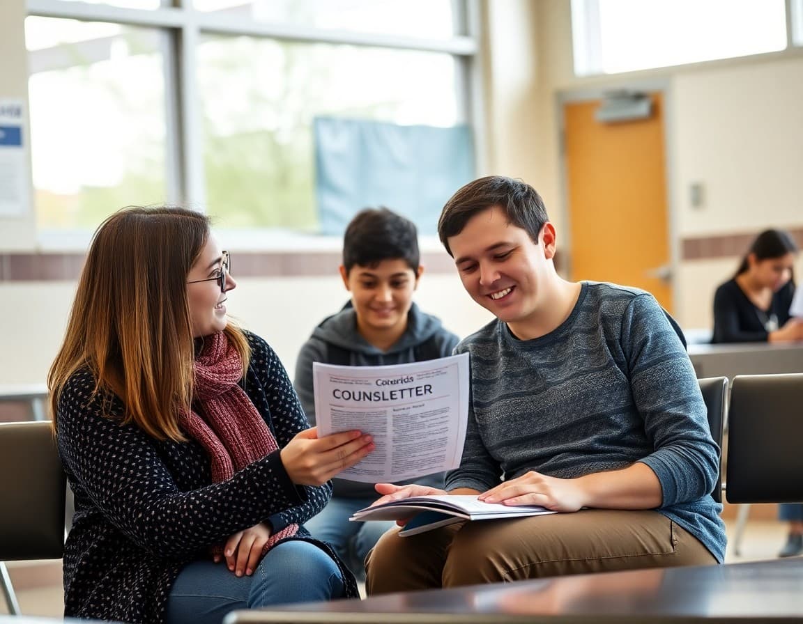 Parents reading a school counselor newsletter in an Arizona school waiting area