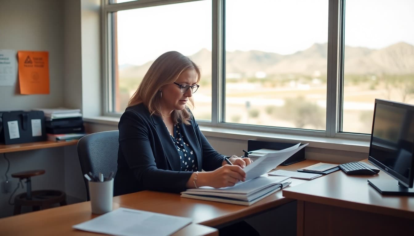 Arizona school counselor writing a newsletter with a desert landscape visible through the office window