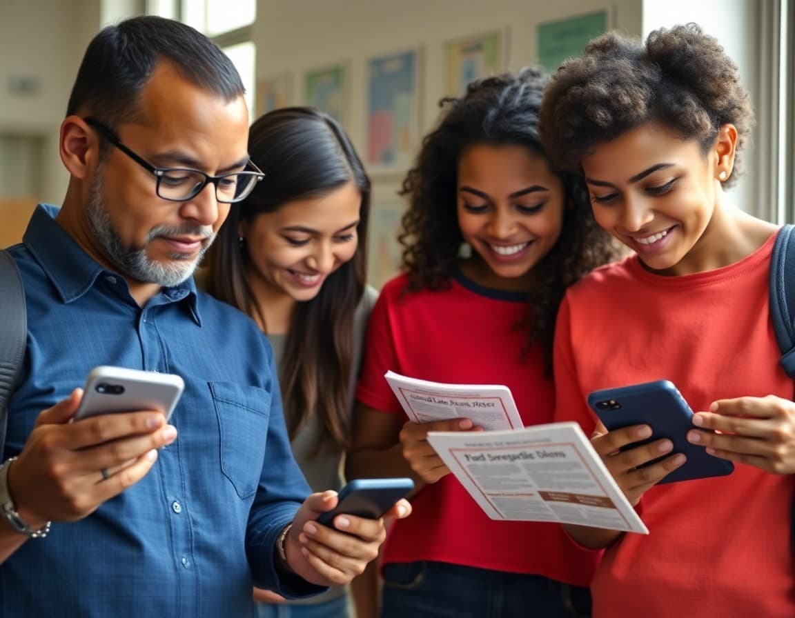 Diverse group of California parents reading a school newsletter on mobile devices