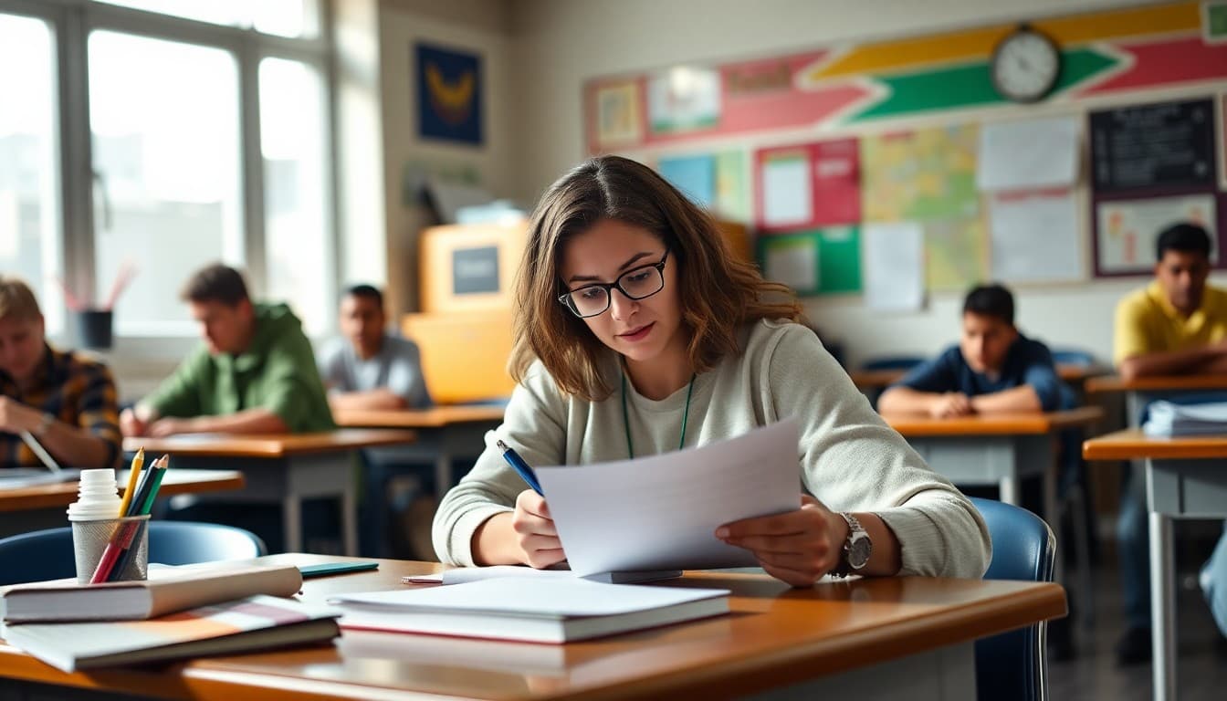 California school counselor writing a newsletter at a desk in a diverse urban school setting