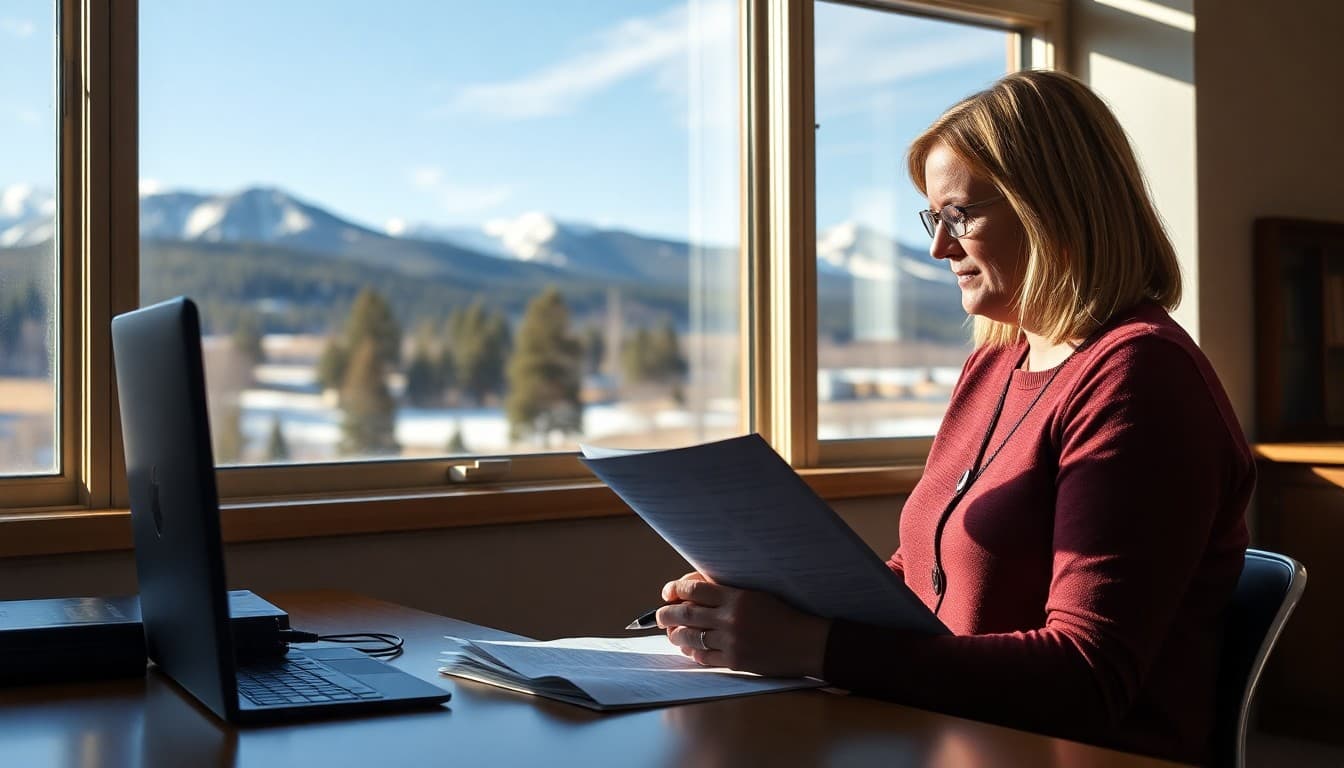 Colorado school counselor drafting a newsletter with Rocky Mountain scenery through the window