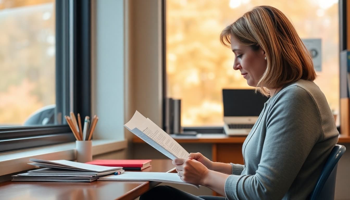 Connecticut school counselor writing a newsletter in a New England school office with fall foliage visible