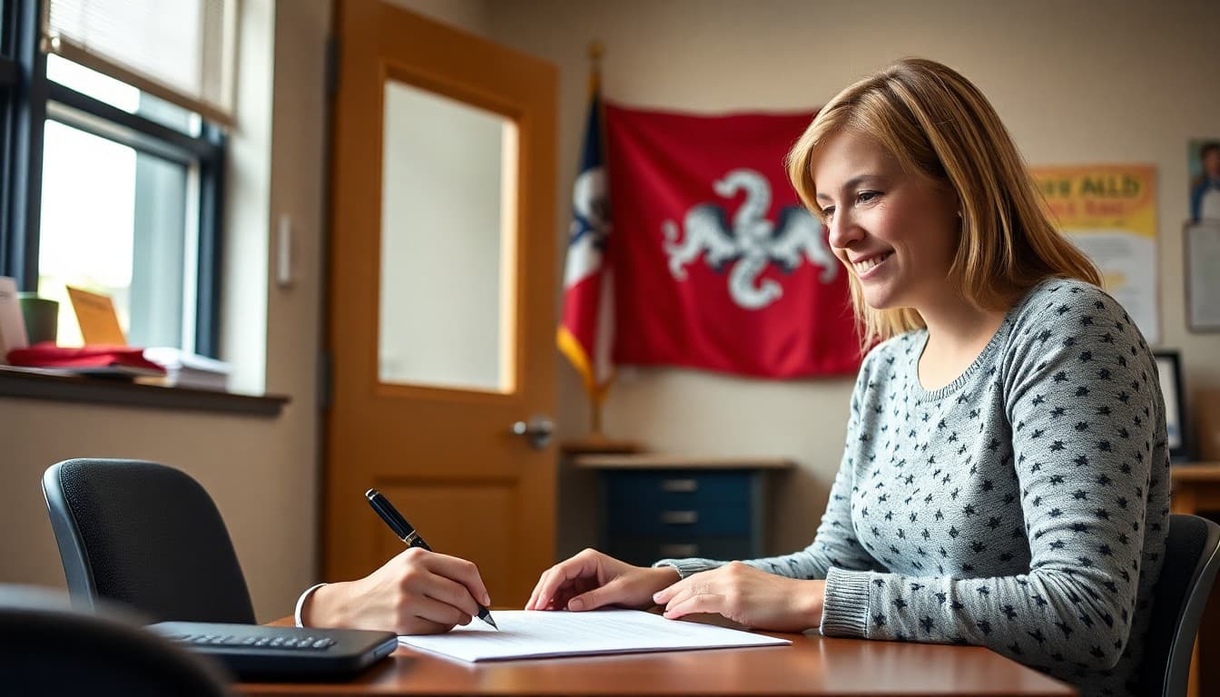 Delaware school counselor writing a newsletter in a school office with a Delaware state flag on the wall