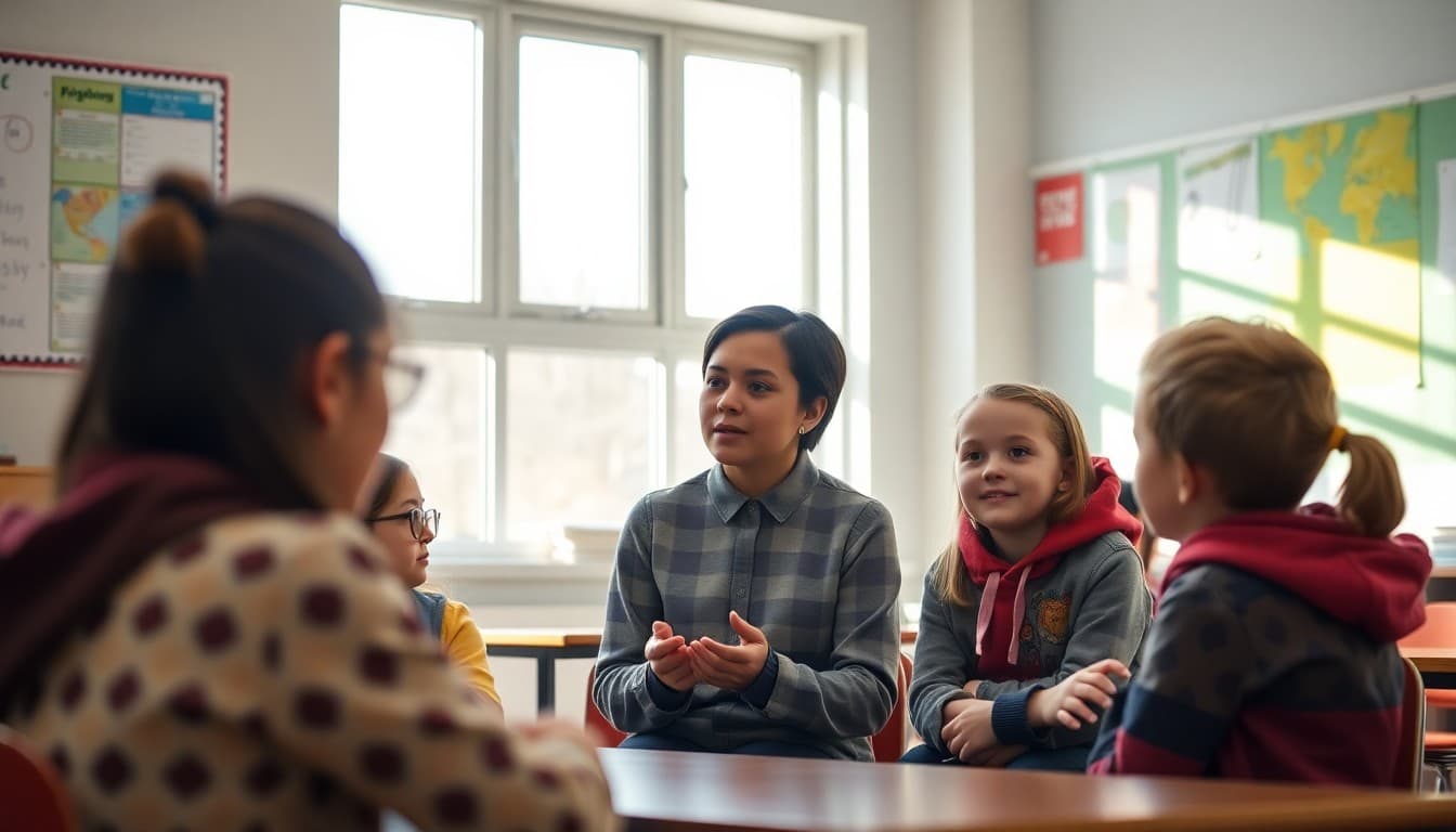 School counselor meeting with students about kindness before winter break