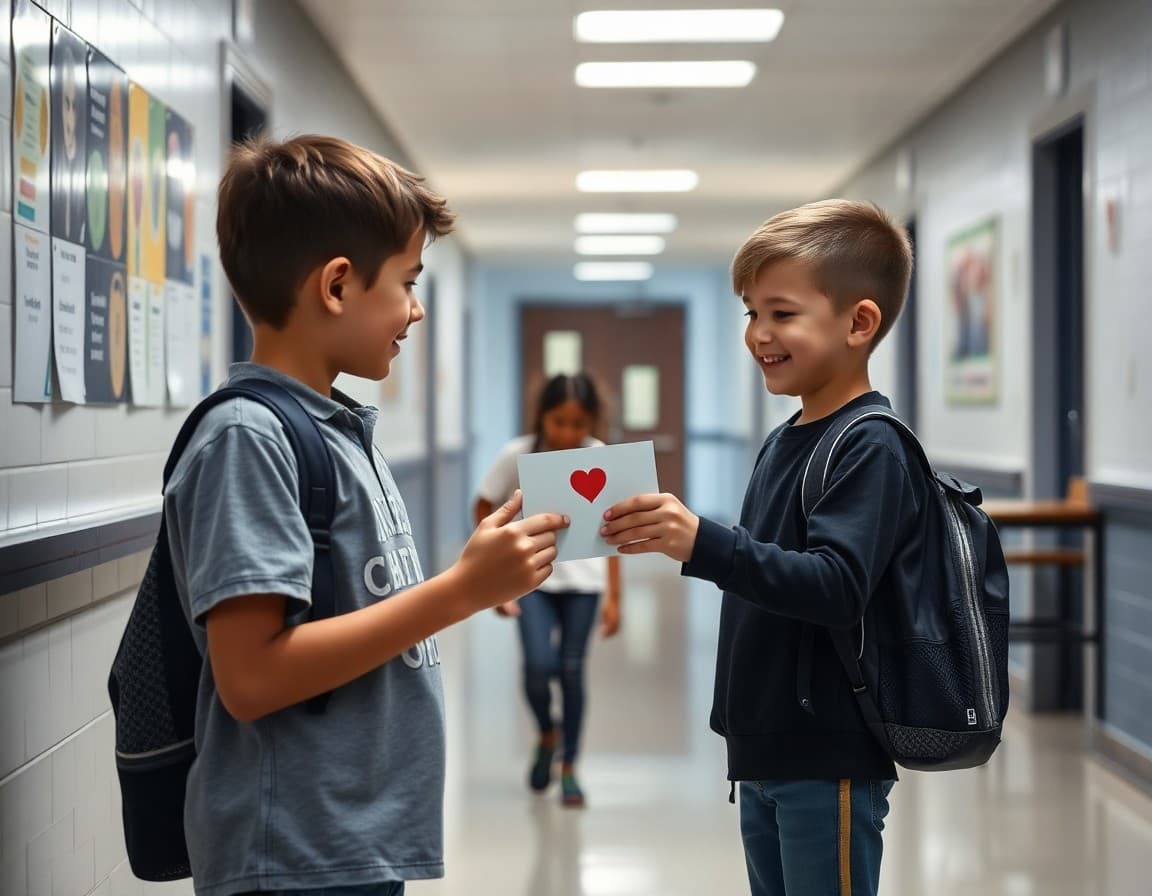 Two students exchanging a handmade card in a school hallway