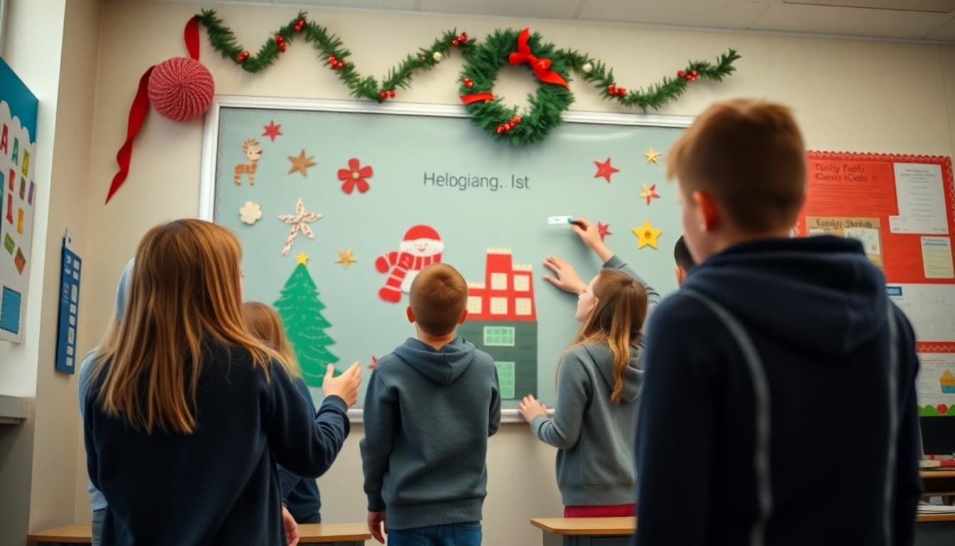 Students decorating a classroom bulletin board together in December