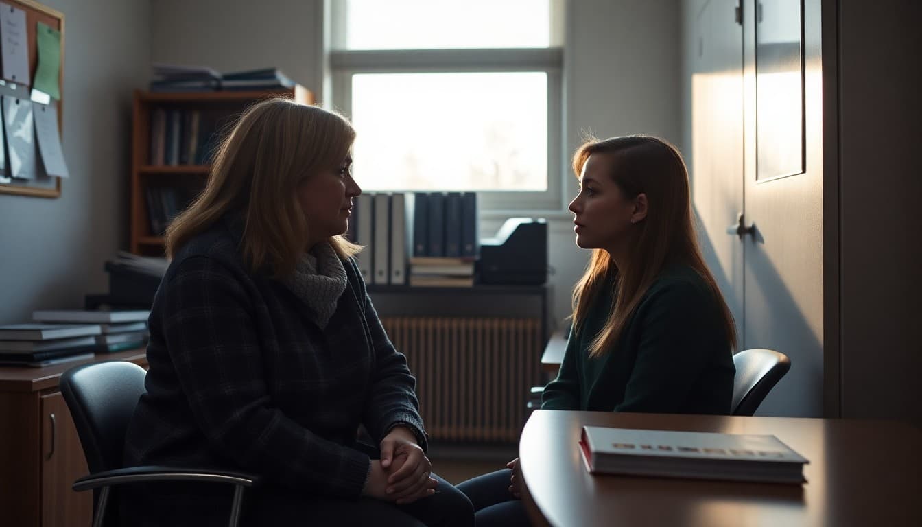 School counselor speaking with a student in a calm office with winter light coming through a window