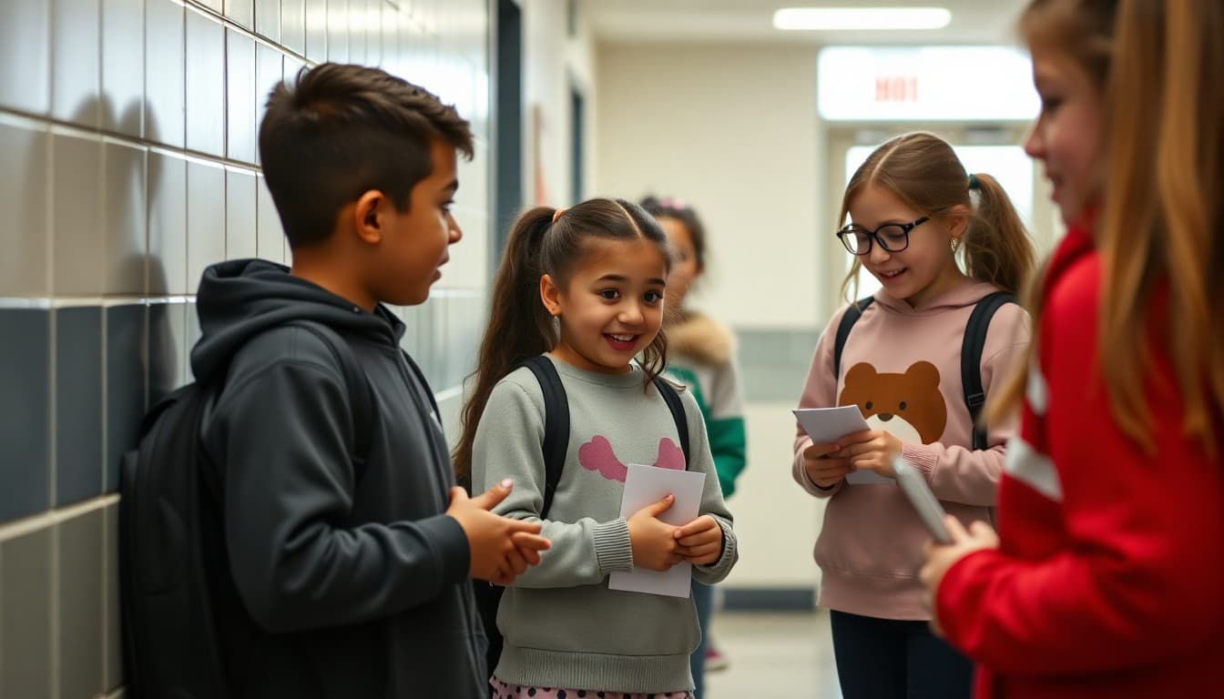 Students participating in a kindness challenge in a school hallway in February