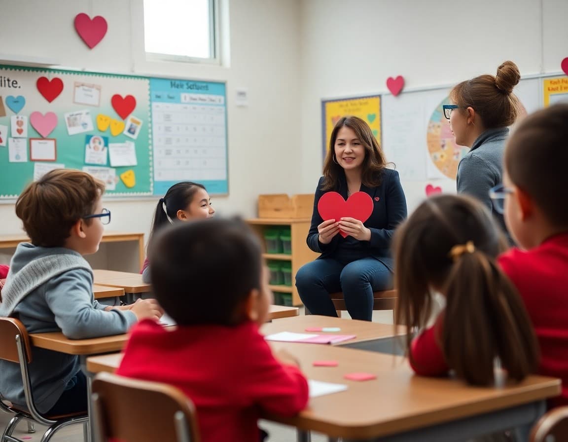 School counselor leading a Valentine's Day classroom lesson on friendship