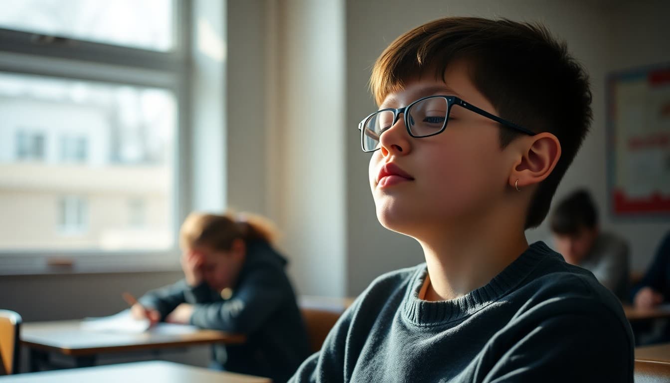 Student practicing deep breathing before a standardized test in February