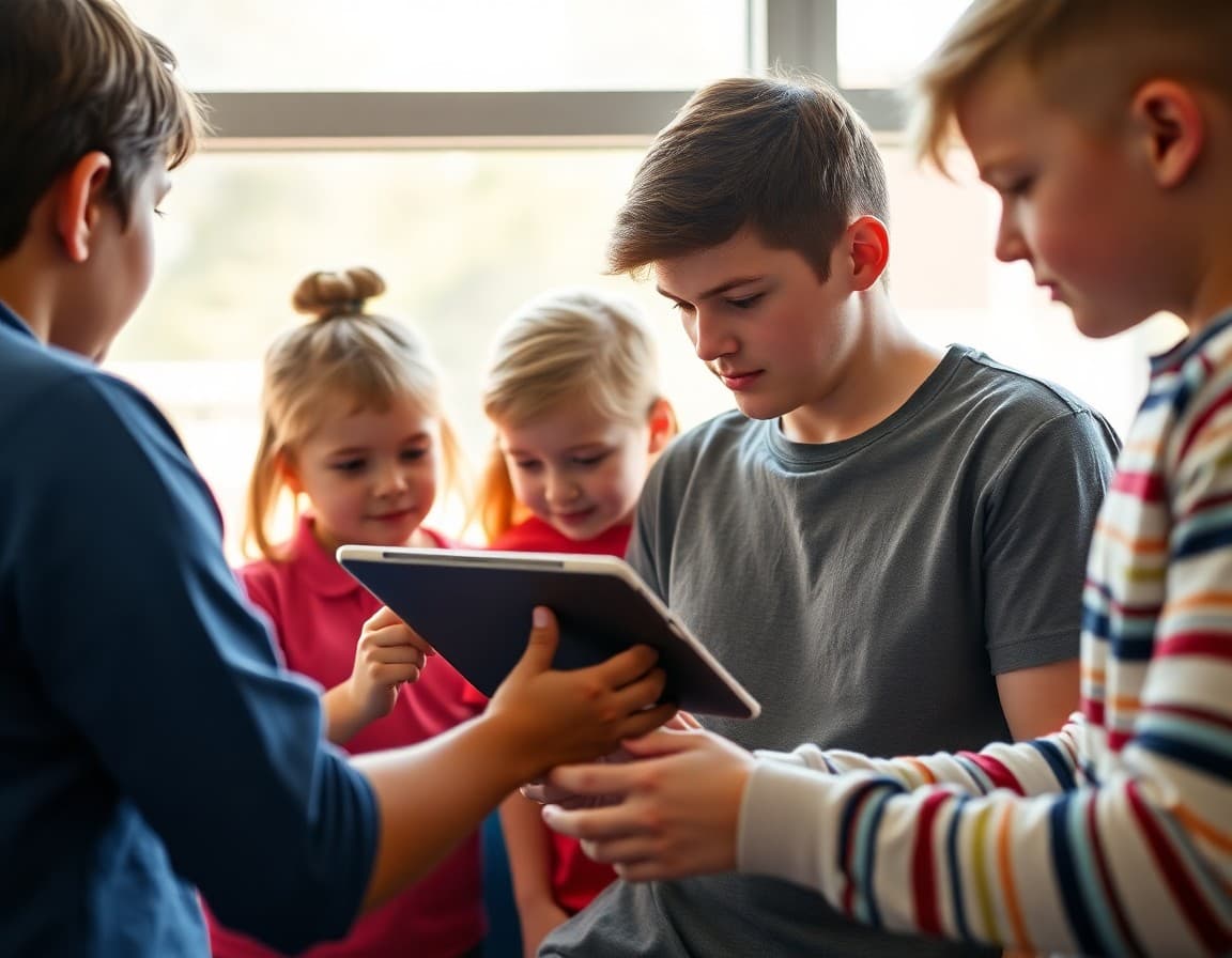 Florida family reading a school newsletter on a tablet near a window