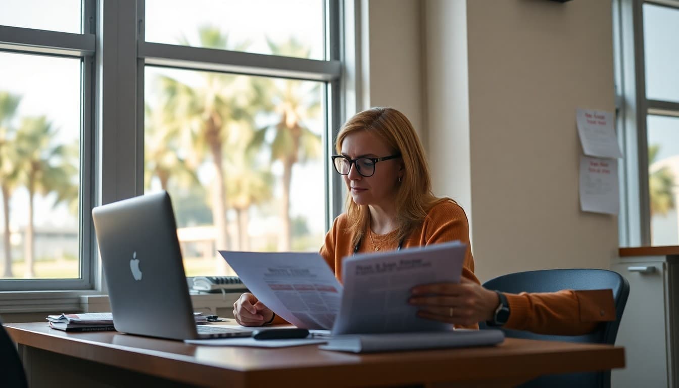 Florida school counselor working on a newsletter in a bright school office with palm trees visible outside